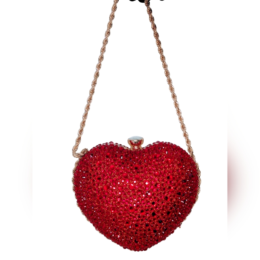 Women's Red Crystal Heart Evening Bag  Sparkly Rhinestone Clutch with Gold Chain - Picture 12 of 13